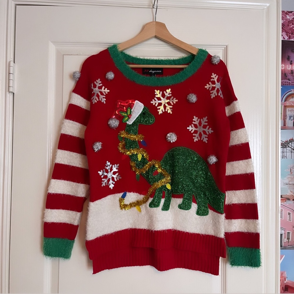 33 Degrees Dinosaur Ugly Christmas Sweater; small